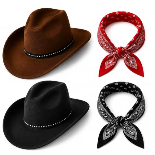 Cowboy Hat Felt Western Unisex, 2 PCS Cowboy Hats with Bandana Scarf Set | Cowboy Hat Women, Texas Texan Costume Accessories for Men, Women, Adults Wild West Fancy Dress, Halloween, Birthday Party