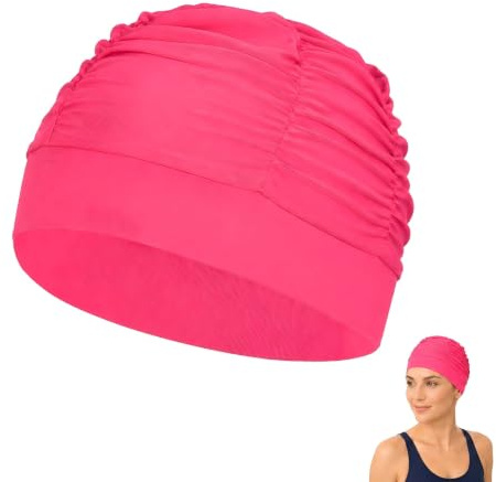 Simmössa för kvinnor för långt hår, badmössa av nylon blå, mjuk elastisk simmössa, badmössa för simning, dusch, spa, lång, lockig, tjock och voluminöst hår