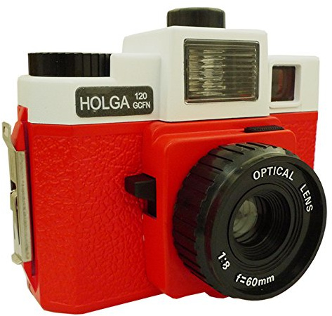 Holga varumärke 120GCFN filmkamera (glaslins, flerfärgad blinkande) vit/röd