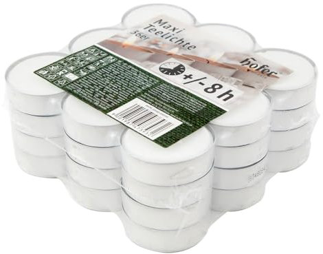 Hofer Maxi Tealight Candles - Pack of 36 Unscented Large Candles in Bulk - 8 Hours Long Burning Tea Lights - White Dripless Wax - RAL Quality - Made in Austria