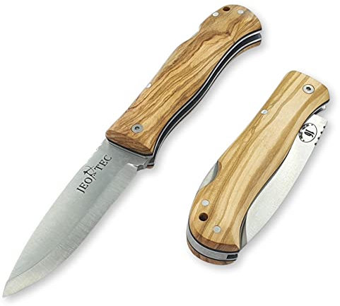 JEO-TEC Nº16 Fällkniv Outdoor & Survival kniv Bushcraft Camping Vandring jakt och fiskekniv - Rostfritt stål Sandvik 12c27 - Olive wood - Gjord i Spanien - Folding knife