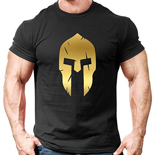 Crown Designs Spartan Gold Helmet Bodybuilding Weight-Training Sports Tapered Fit Top for Men and Teens - Gym T/Black/L