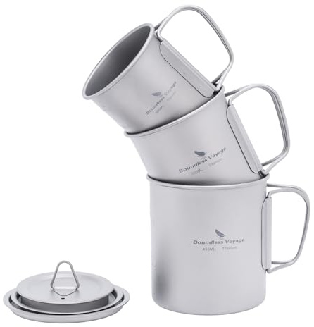 iBasingo Titan Becher Camping Topf 200ml & 300ml & 450ml Kaffeetasse Teetasse mit Deckel & Faltbarem Griff Leichte Kochgeschirr Outdoor Indoor Picknick Büro Tägliches Trinkgeschirr Ti3046D