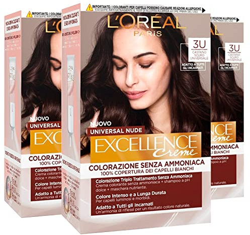 L'Oréal Paris Excellence - Crema universal para coloración permanente castaño oscuro 3U triple tratamiento - 3 tonos