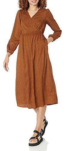 Amazon Essentials Mujer Vestido Midi Ligero Georgette de Manga Larga con Cuello de Pico (Disponible en Tallas Grandes)