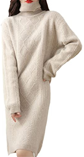 Ownwfeat Vestido largo de lana de cachemir con cuello alto y manga larga para mujer, Leche como se muestra, M