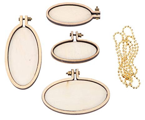 4 Stück Mini-Holzringe Stickrahmen Ovale Form Kreuzstich Ring Stickrahmen mit goldener Perlenkette für DIY Handwerk Praktisches Nähen und (Farbe: Oval)