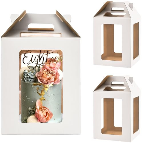 Hzzycaxli 2 Pack Tall Cake Boxes for Tier Cakes,10x10x12 Inch Large Cake Box with windows,8in 10in White Bakery Box Disposable Layer Tall Cake Baking with Handle