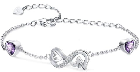 Qings Infinity Armband Damen Sterling Silber Unendlichkeit Herz Februar Amethyst Geburtsstein Armbänder Verstellbar EKG Armreif Violett CZ Armkette Schmuck Geburtstage Geschenk für Ehefrau Mädchen