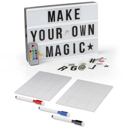 EASYmaxx LED-Leuchtkasten Light Box + Schreibset | Für individuelle Textbotschaften | Mega-Set mit 150 bunten Emojis und 173 austauschbaren Buchstaben, Zahlen & Symbolen | Inkl. Timer [A4]