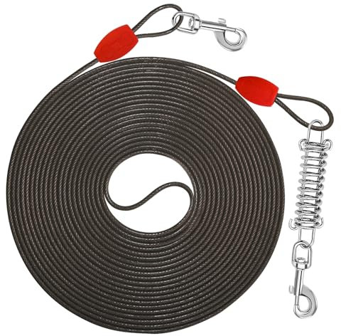 Petbobi Cable de amarre para perros de 40 pies de hasta 120 libras, correa para exteriores para perros medianos y grandes, cable de 4 mm de diámetro, resorte que absorbe los golpes, clips giratorios