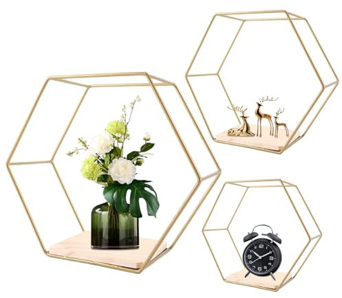LDHHYH 3er Set Hexagon Wandregal Gold, 3 Größen Wandregal Metall Set mit Holzsockel, Metallregal Wand Regal, Wandregals Hexagon Metall Goldfarben für Wohnzimmer, Arbeitszimmer