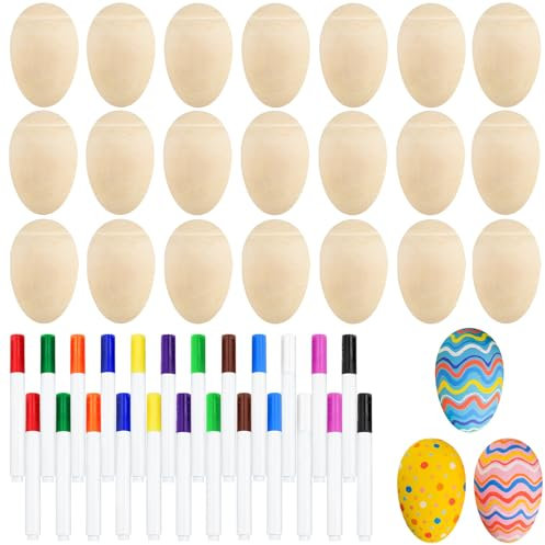 Morcheiong 24 Stück Hölzerne Eier Shakers, DIY Rasseleier Musikinstrumente Set mit 24 Stück Mehrfarbigen Stiften, Eier Maracas, Osterei Geschenke für Kinder