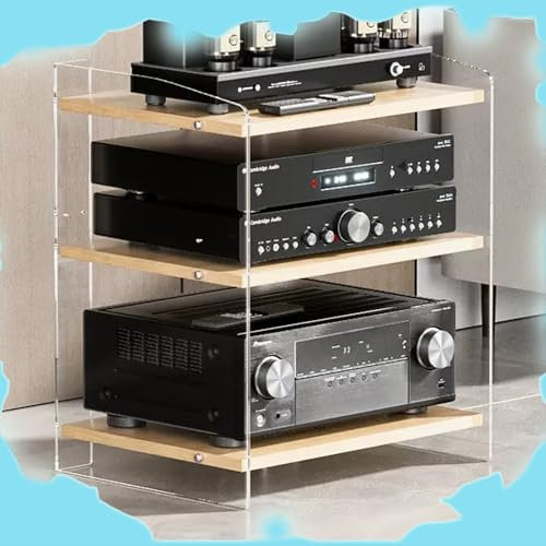 ZIUSFAC Support HiFi Étagère Acrylique Meuble HiFi 3/4 Couches Audio Rack Stéréo Lecteur DVD Etagère Media Stand Enceinte Cinéma Centre De Divertissement Appareils(Clear+Wood,40x52.2x60.6cm)