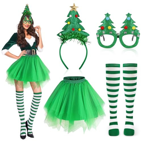 Beipegin Weihnachtsbaum Kostüm Damen,Tutu Rock Weihnachts Haarreif Weihnachtsbaum Brillen Socken Tannenbaum Kostüm Weihnachten