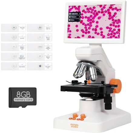 Microscopio Niños Adultos, MatataStudio MT3-5 1600x Microscopio Digital USB con Pantalla Táctil de 7'' Calibrador Vernier Portaobjetos 8MP CMOS Microscopios Biológico Profesional para Escuela Aula Lab