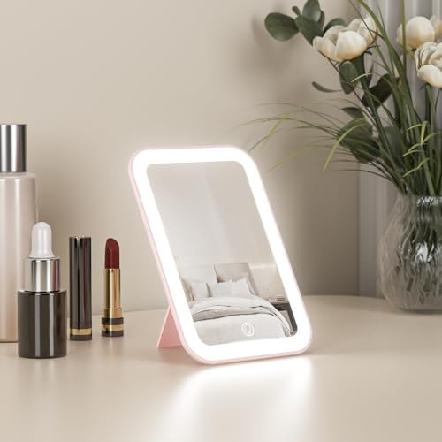 Kintion 10.7 * 15.5cm Travel Makeup Mirror, LED Portable Rechargeable Light Up Mirror, Dimmable 3 Color Modes, Touch Screen, Desk Tabletop Mirrors for Handbag, Gifts for Girls, Pink