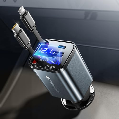 MAGIC JOHN 30W Retractable Car Charger, 4 in 1 Fast Charging Adapter with Type-C & USB C Port, 31.5 inch Retractable Cables