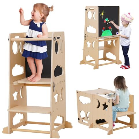Montessori Lernturm für Kinder aus Holz, 3 in 1 Learning Tower für Kinder Lernturm Klappbar Tritthocker mit Tafel, Küchenhocker-Helfer für Kinder, für Küchentisch und Badezimmer