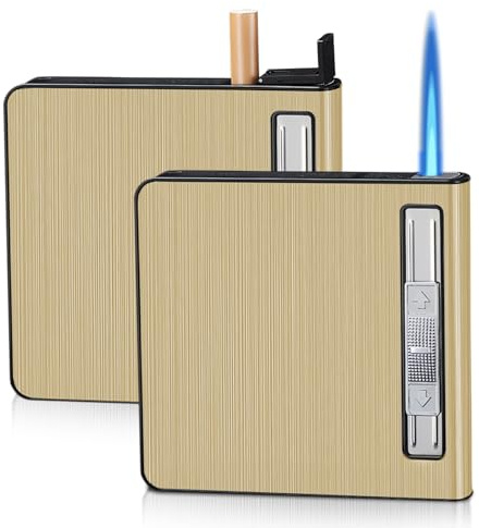 WIYETY Zigarettenetui mit Feuerzeug: 2 Stück Aluminium Zigarettenbox, Winddichtes Feuerzeug Gasfeuerzeug Sturmfeuerzeug Kann 20 Fassen(Verkauft ohne Gas) (Gold)