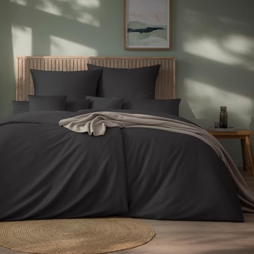 ESTELLA Mako Satin Bettwäsche Set Uni - 100% Baumwolle - trocknerfest - Garantie Reißverschluss - 135x200 cm + 80x80 cm - Farbe: Anthrazit
