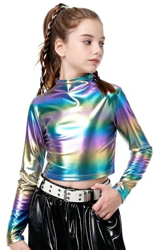 LOLANTA Metalliskt kort topp för flickor, halvpolokrage, glittrande danströja för hiphop, skiva, scen och fest