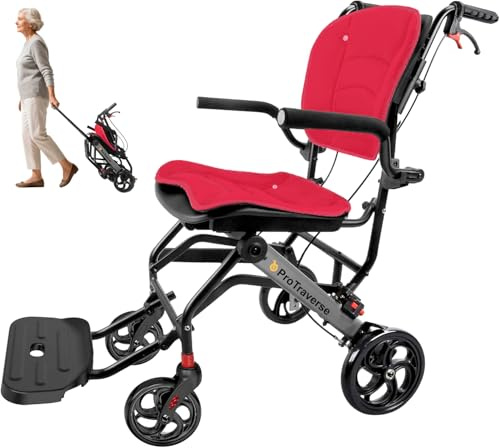 ProTraverse Wheelchairs for Adults,Transport Wheelchair Lightweight Foldable with Removable Cushion,Transport Chair,Ergonomic Travel Wheelchair with Telescopic Handle,Gifts for Grandma,Red