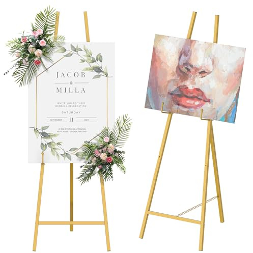 Nandae Chevalet Métal Doré Réglable Hauteur - Panneau d'Affichage et de Bienvenue pour Mariage, Événements - Support Tableau Peinture Ajustable en Métal Fer Forgé - Décoration Champêtre et Cérémonie