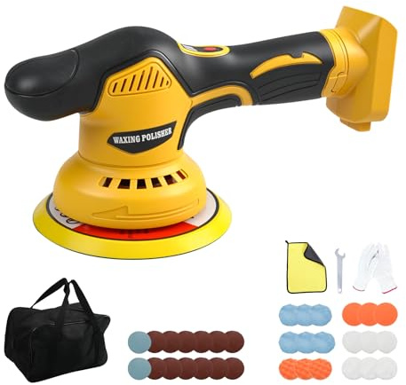 Cordless Car Buffer Polisher Compatible with Dewalt 20V Battery, 8 Variable Speeds Car Polisher, 6 Inch Orbital Buffer Waxer Kit for Car Detailing Waxing Polishing (Yellow)