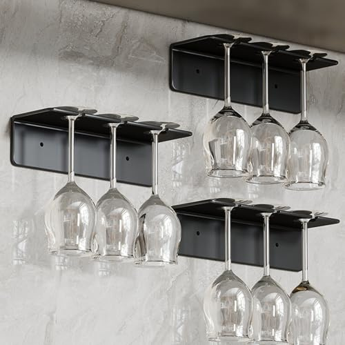 Mxdzshy 3 Pezzi Porta Bicchiere da Vino Sospeso Supporto per Calici da Vino Metallo Portabicchieri Sospeso da Parete Senza Foratura Portacalici Sottomensola per Cucina Bar Ristorante (Nero)