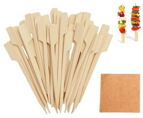 DAWRIS 100PCS Bamboo Skewers 12cm + 50 Oil-Absorbing Paper Wooden Kebab Sticks, Burger Sticks, Fruit Kebab Sticks, Bamboo Paddle Skewers for Appetizers, BBQ, Desserts, Buffet & Parties
