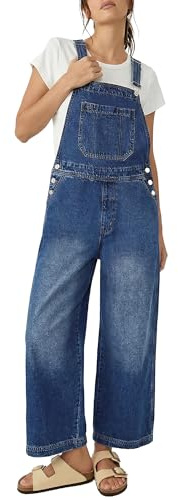 PEIHOT Cute Wide Leg Denim Overalls for Women Baggy Jean Jumpsuits Adjustable Strap Bib Romper Spring Summer 2026 Blue