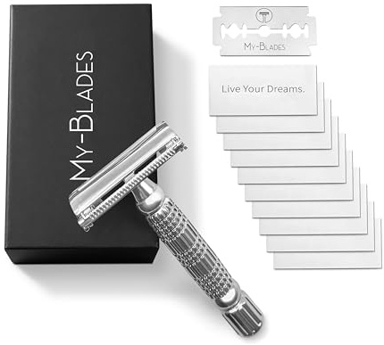 Rasoio di Sicurezza Uomo Barba con 10 Lamette, My-Blades Rasoio Manuale in Metallo con Sistema a Farfalla, Confezione Regalo, Ideale per Principianti e Professionisti