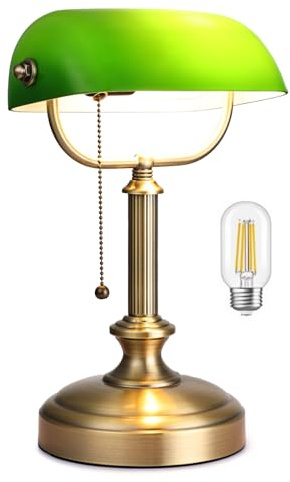LOFOB One Min Quickly Replacement Glass Shade Banker Desk Lamp (Antique Bronze+Green Shade)