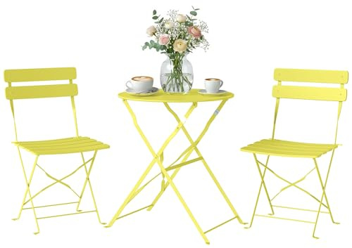 Outsunny Ensemble Bistrot de Jardin 3 Pièces san Montage Métal Jaune | Table et 2 Chaises Pliantes à Lattes, Double Protection Antirouille, Mobilier de Balcon, Terrasse et Extérieur
