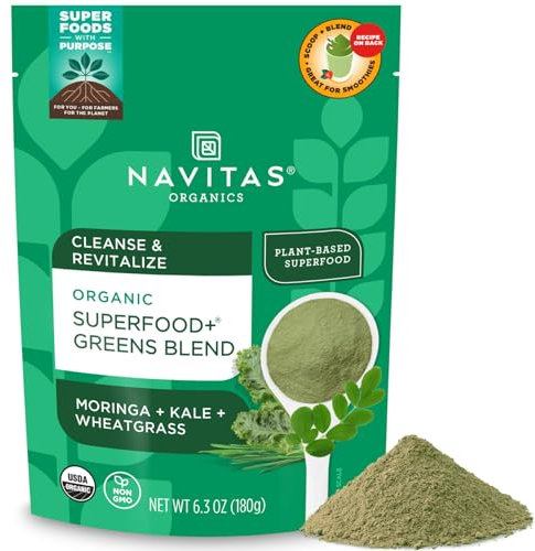 Navitas Organics Superfood+ Greens Blend pour support détox (Moringa + Chou + Blé Grass), sac de 178,6 g, 30 portions — Bio, non OGM, végétalien, sans gluten, Keto et Paleo.