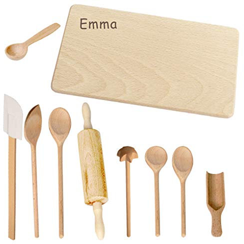 Holz Backset Kinder - INKLUSIVE Gravur mit Namen - Küchengeräte und Kinderküche Zubehör zum Backen, Kochen, Spielzeug personalisiert für Weihnachten als Geschenk