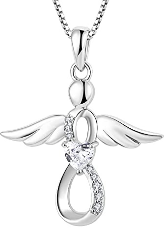 FJ Collana Angelo Custode Donna Argento 925 Collana con Ciondolo Infinito Collana Aprile Pietra Portafortuna Bianco Gioielli Regalo per Donna