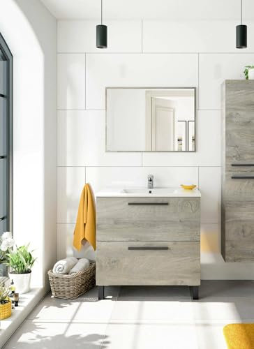 Dmora Mobile sottolavabo Yonkers, Mobiletto per Bagno a 2 cassetti, Armadietto sospeso con Specchio, lavabo Non Incluso, 80x45h80 cm, Rovere