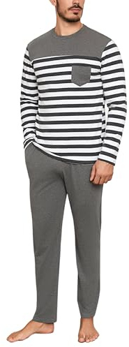 Aseniza Pyjama Homme Hiver Ensembles de Pyjama Coton à Chauds Manches Longues Col Rond Rayé Vêtements De Nuit Tenues de Nuit Vêtements de Détente Doux Loungewear Confortable - Gris1 L