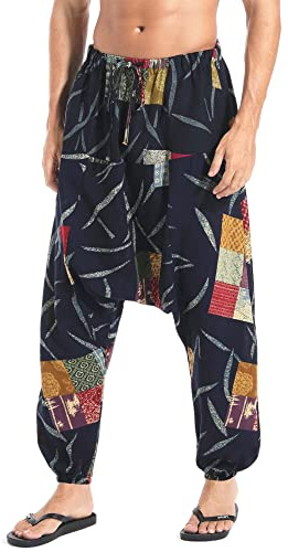 AITFINEISM Mens Elastic Waist Aladdin Harem Pants Loose Drop Crotch Trousers (Medium, Black)