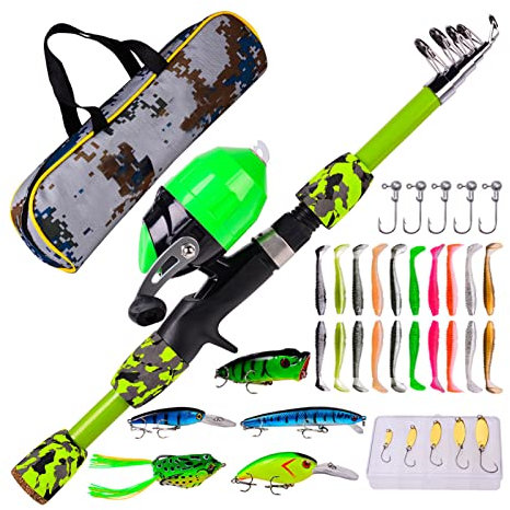 Renywosi Angelrute Für Kinder, Angelrute Set Kinder, Tragbare Gelenk Angelrute, Angelrolle Und Köder Set, Angel Zubehör Für Kinder Von 3-10 Jahren, Bestes Kinderangel Geschenk Für Jungen, Mädchen