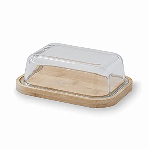 Lacor - 62898 - Récipient à beurre, Base en bambou, Plateau en verre borosilicate, Nettoyage facile, Lavable au lave-vaisselle, 18,5 x 14 x 6,5 cm