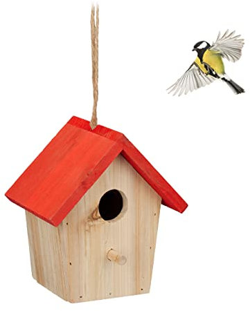 Relaxdays Deko Vogelhaus, Holz, Vogelhäuschen zum Aufhängen, HBT: 16 x 15 x 11 cm, Vogelvilla Garten, Balkon, Natur/rot