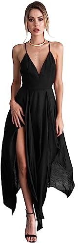 KOEMCY Damen Kleider Sexy Rückenfrei Midikleid Spaghettiträger Partykleid V-Ausschnitt Kleider mit Schlitz Cocktailkleider Elegant Abendkleider Ärmellos (Schwarz, S)