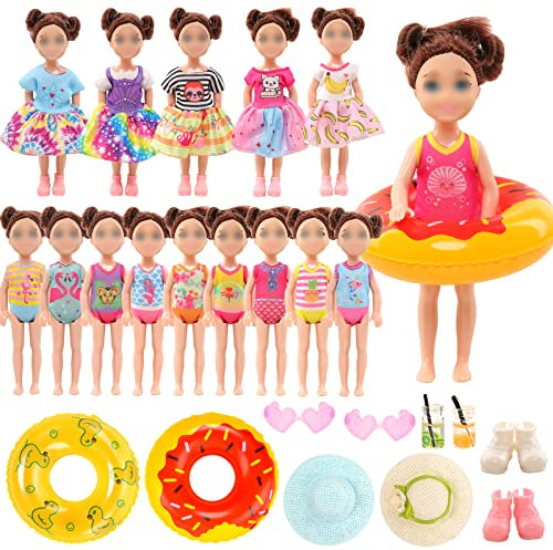 Festfun Kleidung für Puppen 19 Puppenkleidung enthält 6 Badeanzug 3 Kleider 10 Zubehör Schwimmring Hut Schuhe für 6 Zoll 15 cm Mädchen Puppen Zufällig Verschickt
