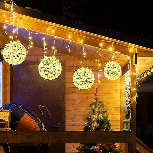 Outdoor Christmas Balls Lights Tree Lights Waterproof, 4 Pack 7.87 LED Hanging Globe Sphere Lights with 8 Lighting Modes Memory Timer Plug for Party Wedding Xmas Porch Patio Garden Yard Decorations