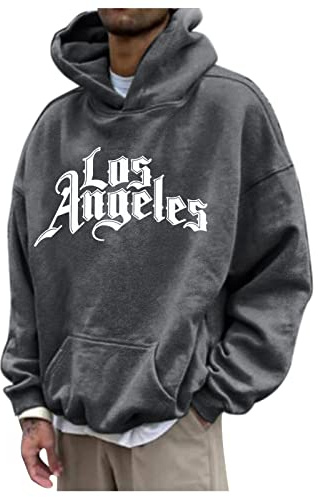 Beokeuioe Pullover for Men Casual Oversized Sweatshirt Hoodie Vintage Men's Hoodie LOS Angeles Print Jumper Sweat Jacket with Hood and Pocket Sports Hoodie, Dark grey, L