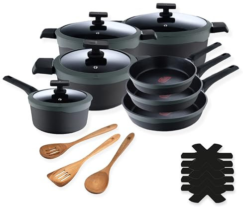 MasterPRO Gastro Reeco - Kochgeschirr-Set aus Aluminiumguss - 3 Pfannen 28, 24 und 20cm - 1 Schöpflöffel 16cm - 3 Bratpfannen 28, 24 und 20cm - 3 Küchenutensilien und 1 Pfannenschoner