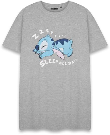 Disney Lilo & Stitch Stitch Chemise de nuit grise chiné pour femme | T-shirt graphique Sleep All Day | Ensemble de pyjama mignon | Vêtements de nuit pour femme, gris, 3XL